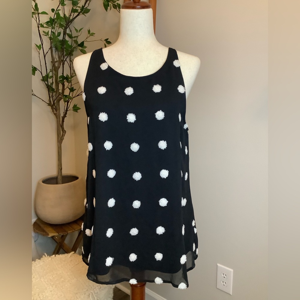 NWT JODIFL fuzzy polka dot spaghetti strap black and white flowy tunic tank